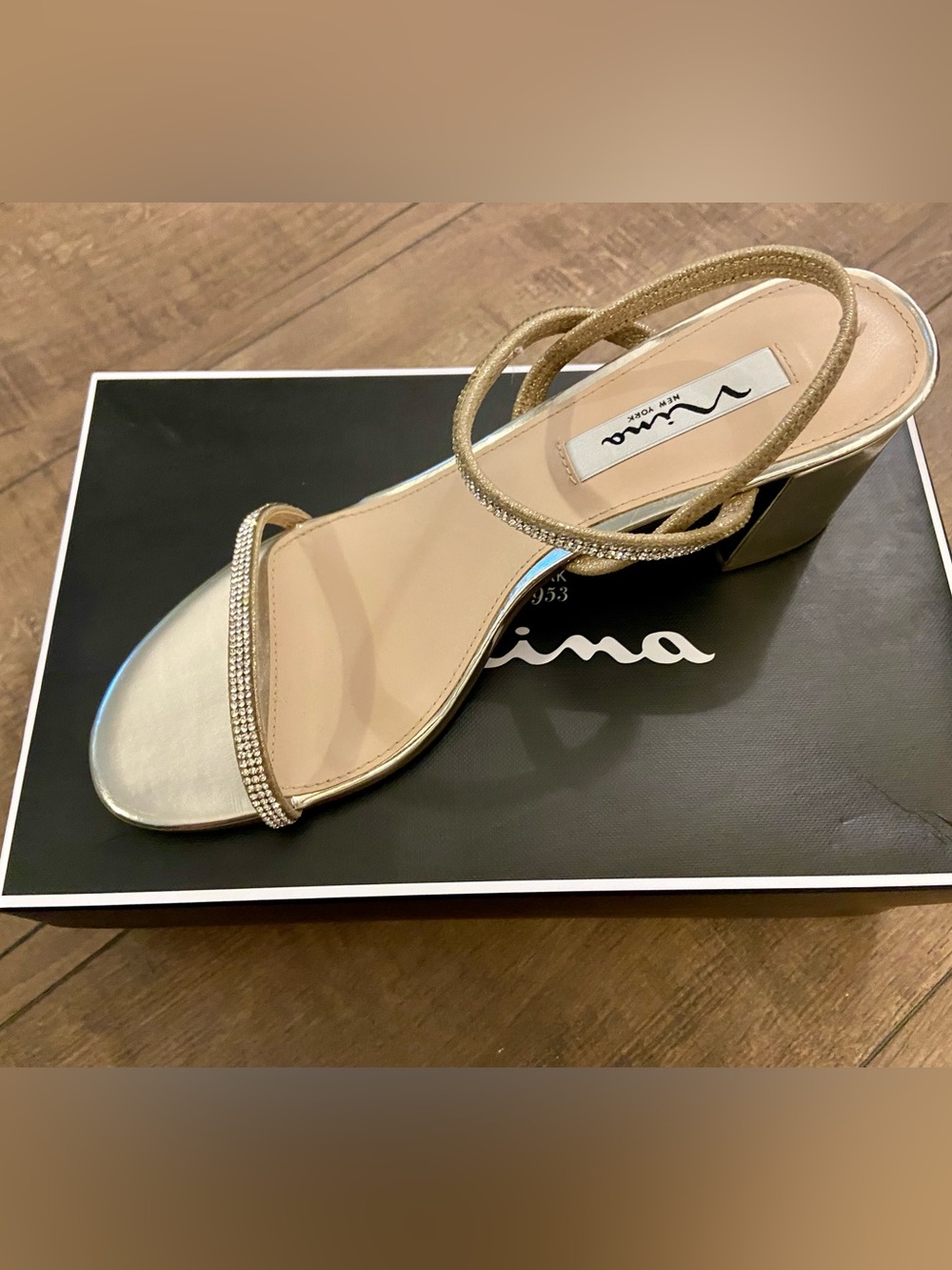 Nina Taupe Rhinestone Strappy Heel Sandal